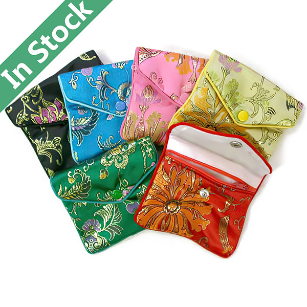 Bolsas para joias personalizadas carteiras de seda brocado com botão de pressão e zíper