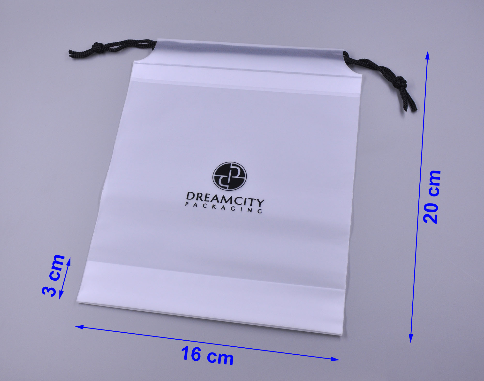 Printed Plastic Drawstring Pouch Waterproof Dust Bag for Travel Toiletry, Size Diagram.